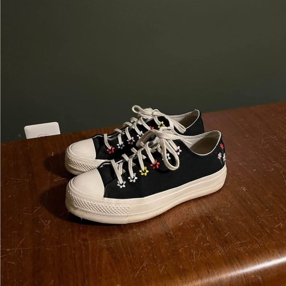 Floral Embroidered Black Canvas Sneakers - Picture 1 of 1